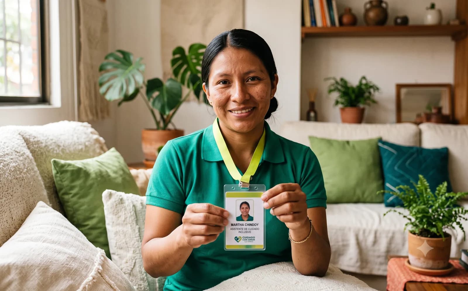 Cuidadora mostrando credencial